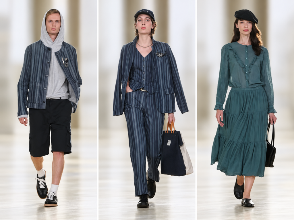 Trois silhouettes du défilé agnès b. printemps-été 2027 à Paris : veste rayée et bermuda, tailleur à rayures bleu marine et robe fluide bleu-vert.