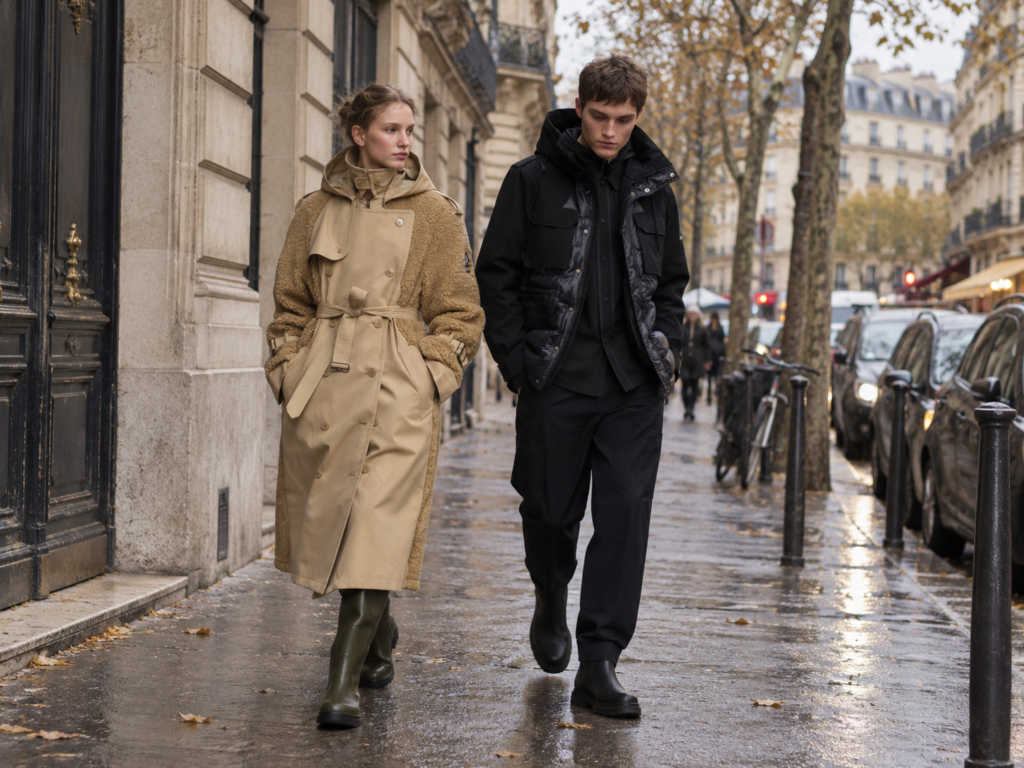 Deux mannequins portent un trench beige Aigle x SETCHU et une veste technique noire dans une rue parisienne sous un ciel gris.