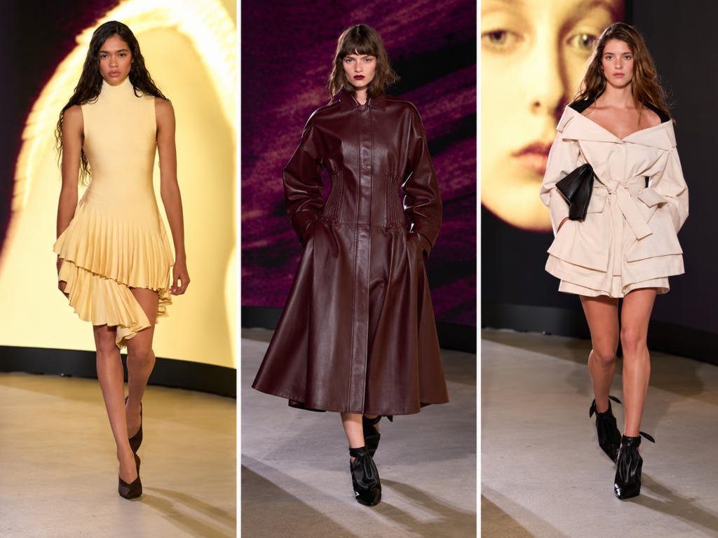 Trois silhouettes du défilé Alaïa printemps-été 2027 à Paris : robe jaune plissée, long manteau en cuir bordeaux au centre et tenue écrue à épaules dénudées.