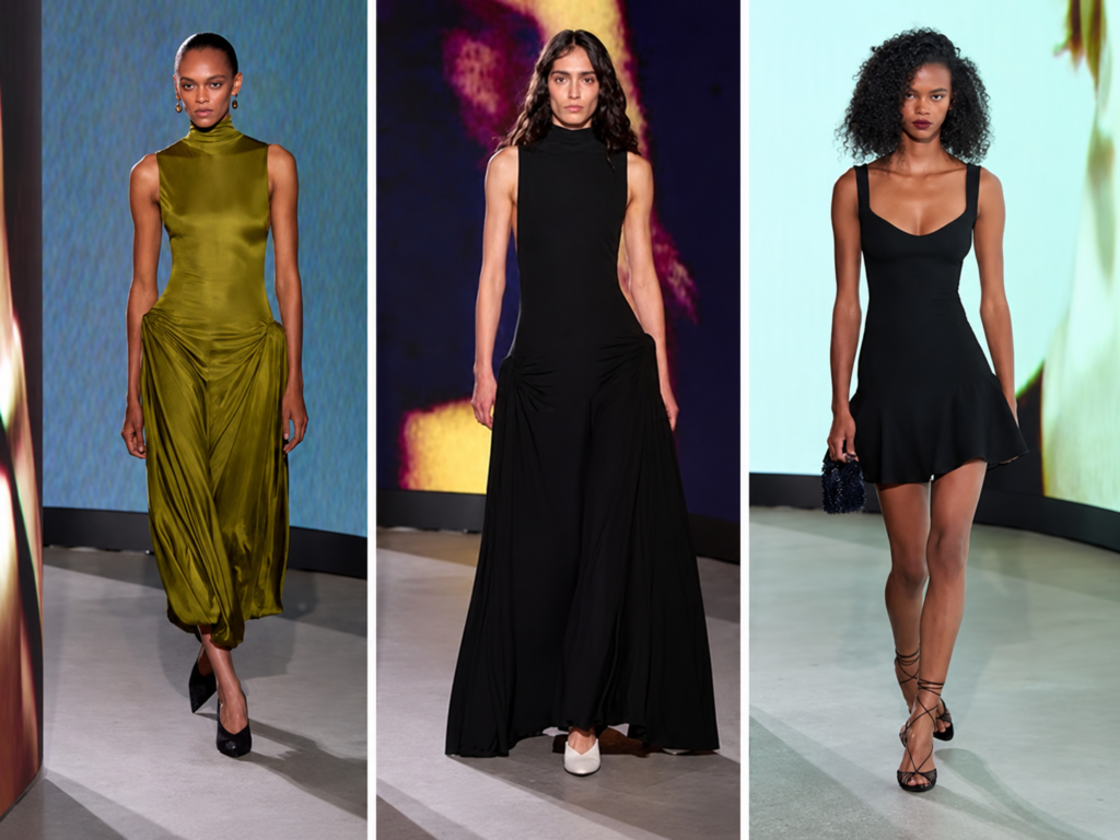 Trois silhouettes du défilé Alaïa printemps-été 2027 à Paris : robe longue vert olive drapée, robe noire fluide au centre et minirobe noire à fines bretelles.