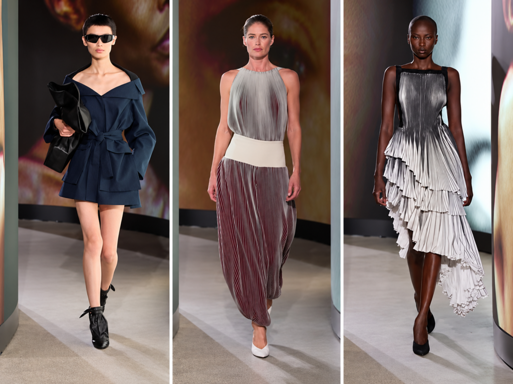 Trois silhouettes du défilé Alaïa printemps-été 2027 à Paris : ensemble bleu marine à épaules dénudées, robe longue plissée et robe argentée asymétrique à volants.