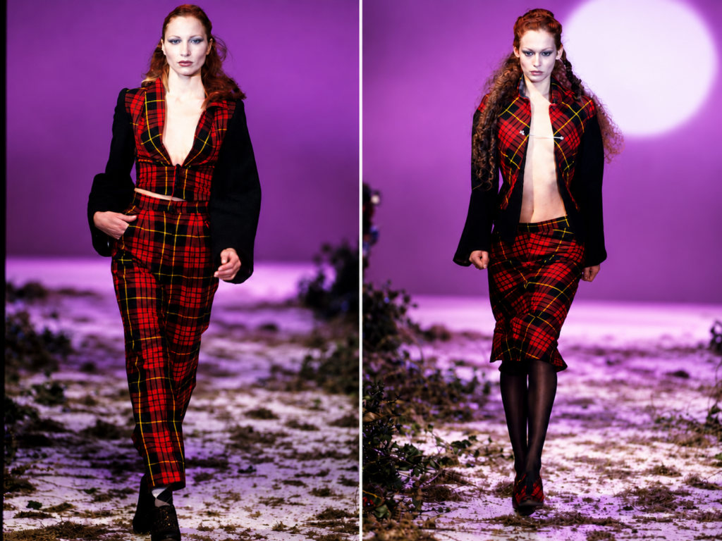 Deux silhouettes en tartan rouge et noir lors du défilé Highland Rape d’Alexander McQueen en 1995, sur un podium éclairé de violet.