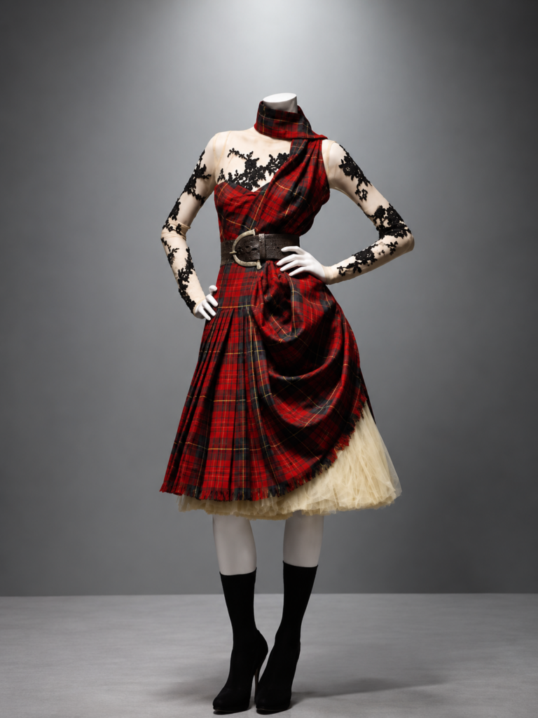 Robe en tartan rouge et noir d’Alexander McQueen, collection Highland Rape 1995, avec dentelle noire, drapés asymétriques et large ceinture.