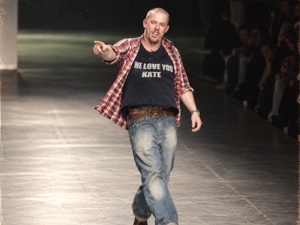 Alexander McQueen sur un podium, vêtu d’un tee-shirt noir « We Love You Kate », en soutien à Kate Moss.