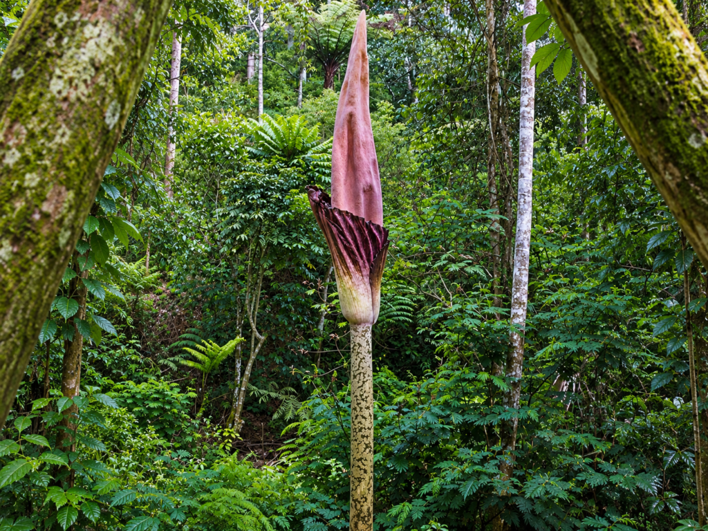 Amorphophallus gigas, une fleur cadavre géante à l'inflorescence rose et pourpre, au milieu d'une végétation tropicale dense.