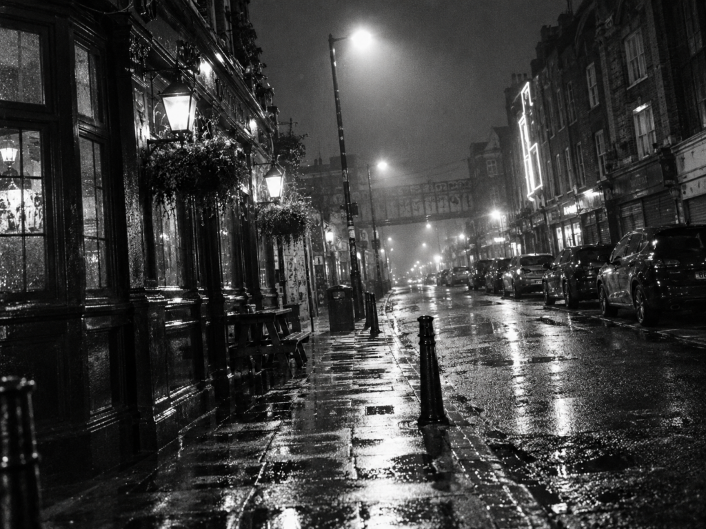 Camden à Londres sous la pluie, photographiée de nuit en noir et blanc, dans l’univers de Back to Black d’Amy Winehouse.