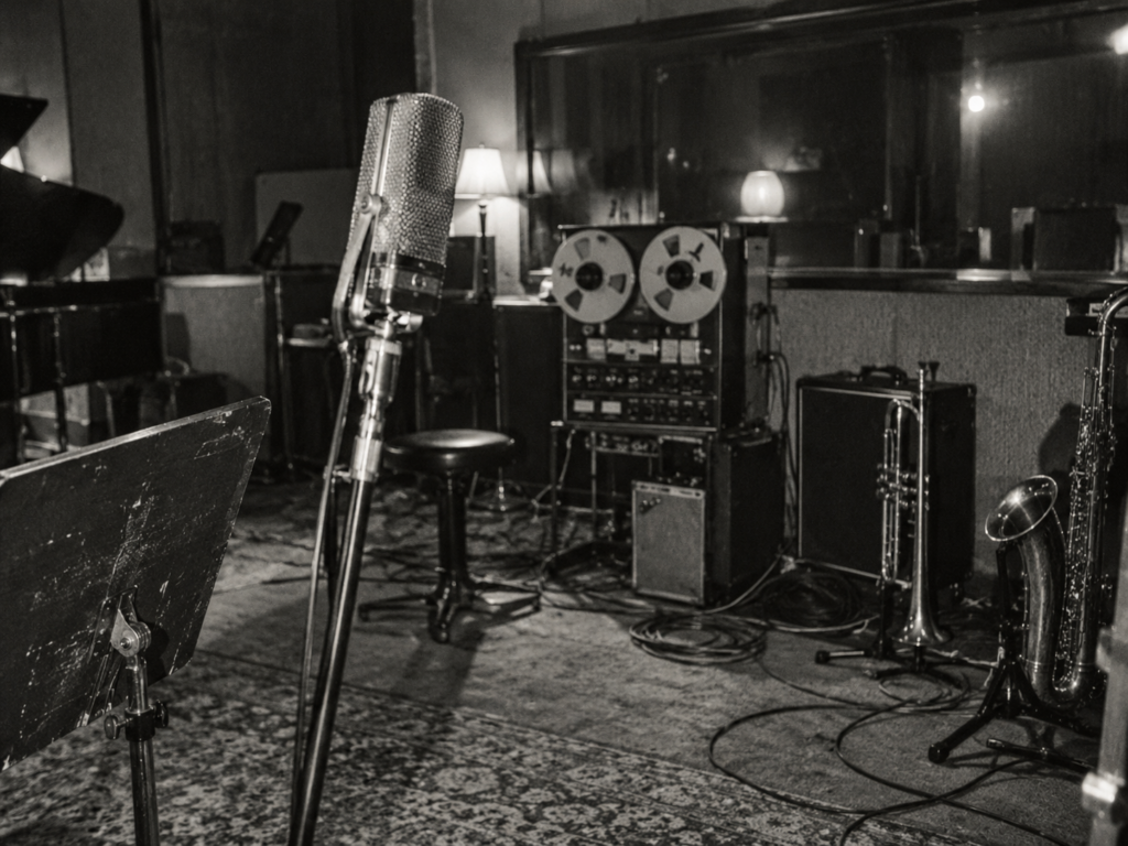 Studio d’enregistrement vintage avec microphone, magnétophone à bandes et instruments à vent, en noir et blanc argentique.