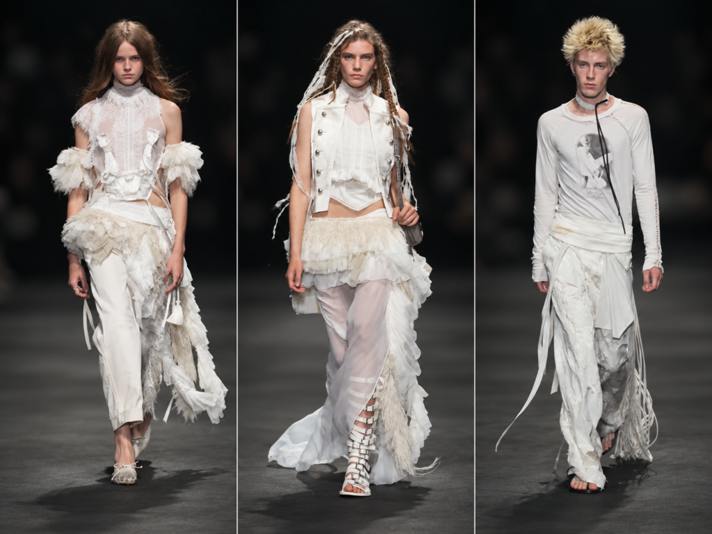 Trois silhouettes du défilé Ann Demeulemeester printemps-été 2027 à Paris, entre dentelle blanche, volants, transparences et vêtements déstructurés.