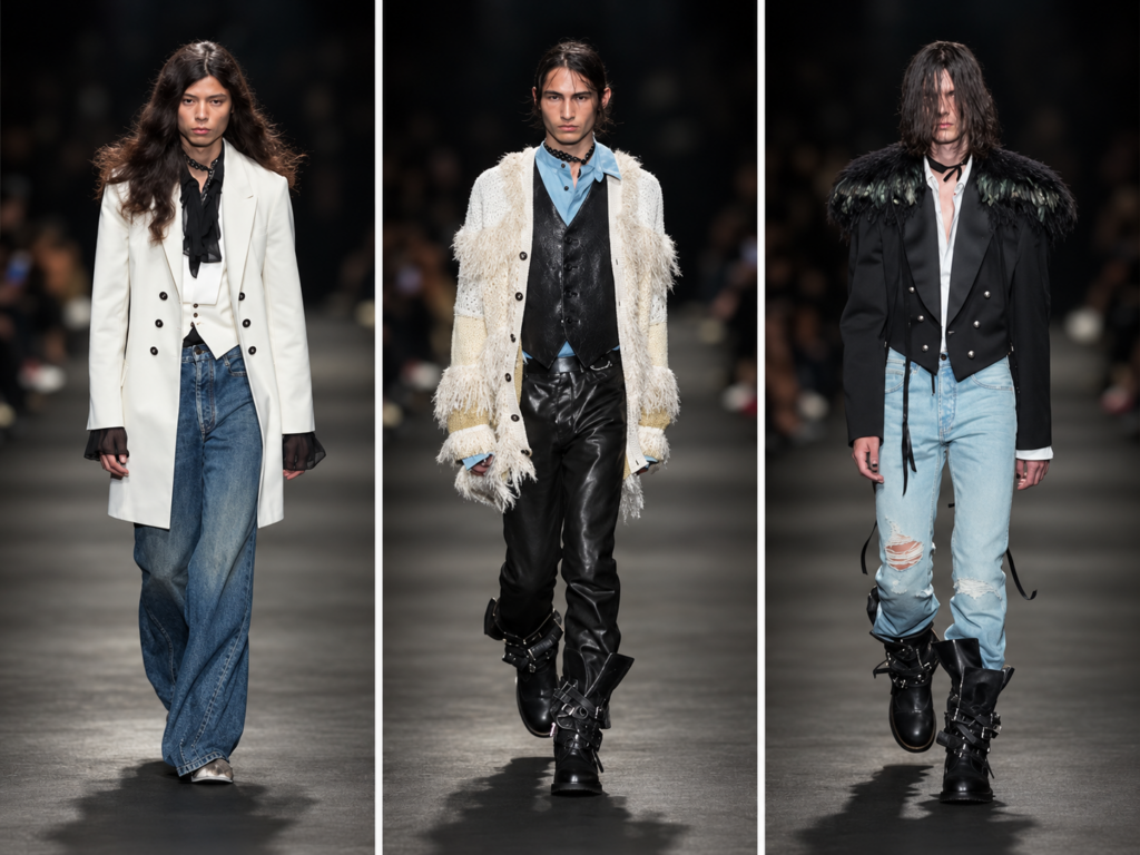Trois silhouettes du défilé Ann Demeulemeester printemps-été 2027 à Paris, associant manteau blanc, jean, cuir noir et veste à épaules ornées de plumes.