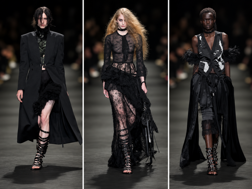 Trois silhouettes noires du défilé Ann Demeulemeester printemps-été 2027 à Paris, entre manteau structuré, dentelle transparente, plumes et sandales à boucles.