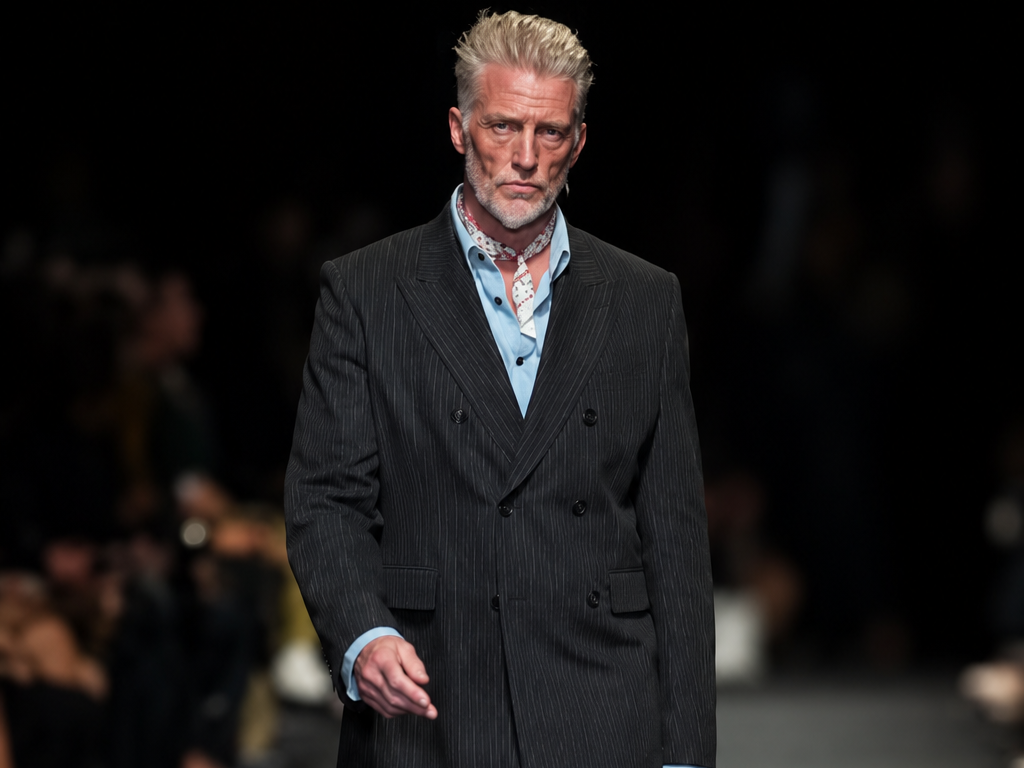 Josh Homme, chanteur de Queens of the Stone Age, défile dans un costume sombre à fines rayures lors du défilé Ann Demeulemeester printemps-été 2027 à Paris.