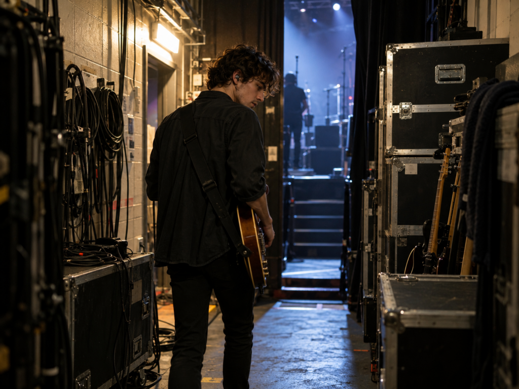 Un jeune guitariste attend dans les coulisses d'une salle de concert, entouré de matériel technique, avant de monter sur scène.