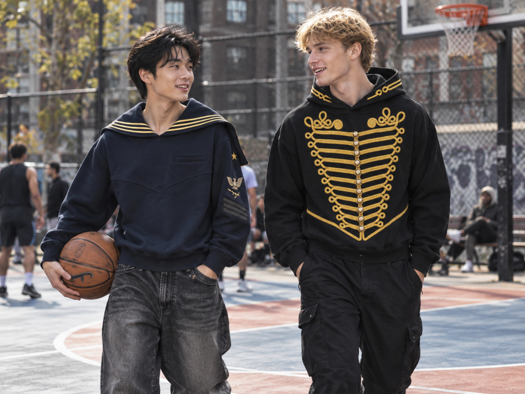 Deux jeunes hommes portent des sweats AWGE bleu marine et noir à broderies dorées sur un terrain de basketball.