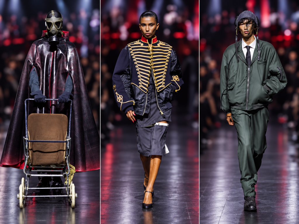 Trois silhouettes du défilé AWGE de A$AP Rocky à Paris : cape et masque à gaz, veste noire à broderies dorées et ensemble vert à l'Accor Arena.