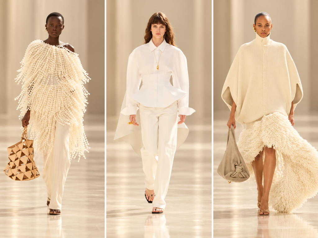 Trois silhouettes blanches du défilé Balenciaga printemps-été 2027 à la Paris Fashion Week, présentées en triptyque.