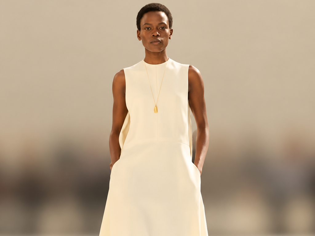 Silhouette en robe blanche longue lors du défilé Balenciaga printemps-été 2027 à la Paris Fashion Week.