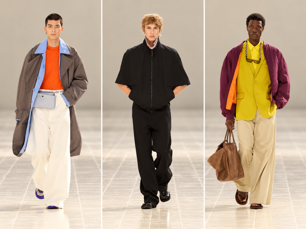 Triptyque de silhouettes masculines du défilé Balenciaga printemps-été 2027 à la Paris Fashion Week, avec un look noir au centre.