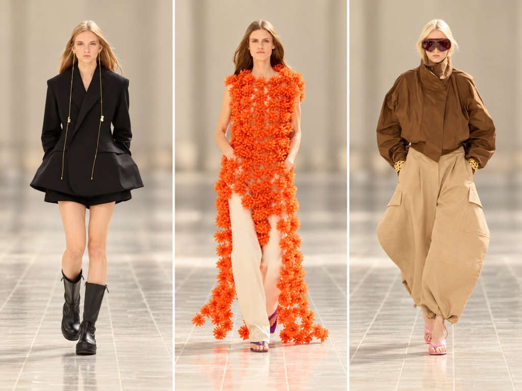 Triptyque du défilé Balenciaga printemps-été 2027 à Paris, avec une robe orange texturée au centre.