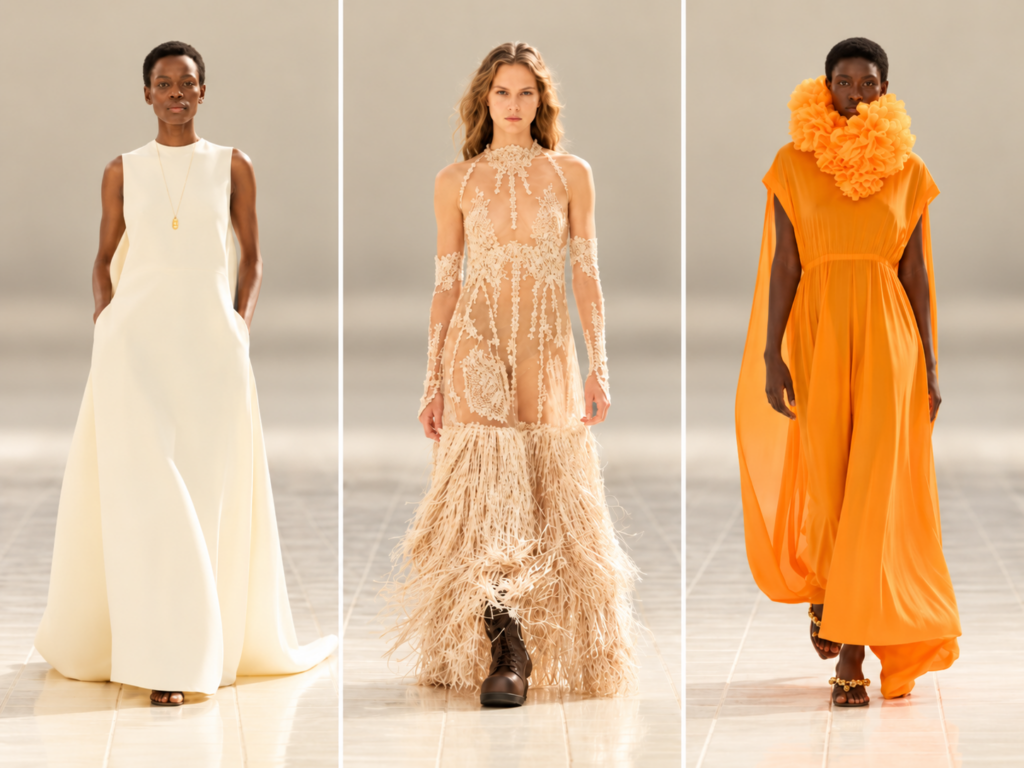 Triptyque de trois silhouettes du défilé Balenciaga printemps-été 2027 à la Paris Fashion Week, sur fond flouté.