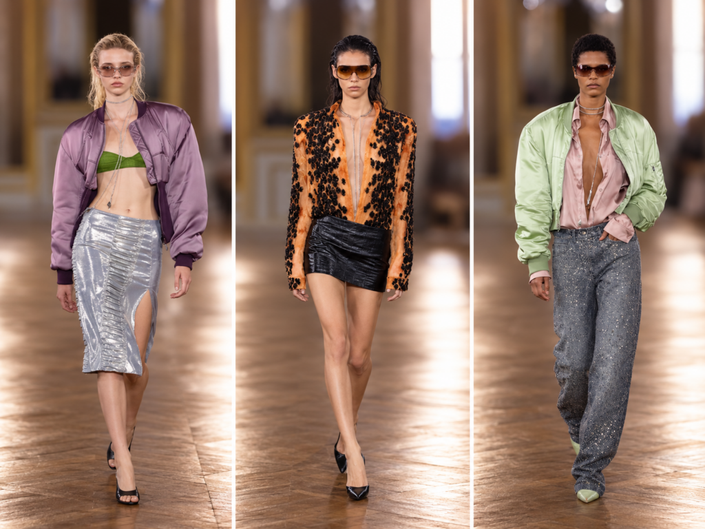 Trois silhouettes du défilé Balmain printemps-été 2027 à la Paris Fashion Week, avec jupe argentée, imprimé léopard et bomber vert satiné.