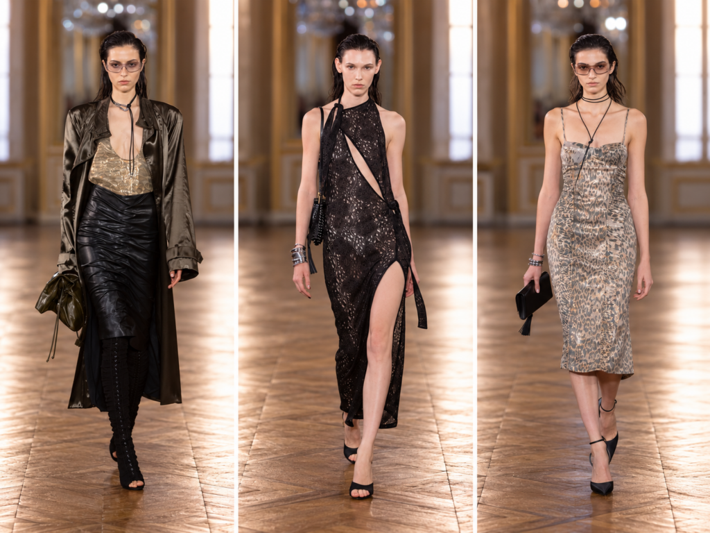 Trois silhouettes du défilé Balmain printemps-été 2027 à la Paris Fashion Week, entre robe noire, cuir et imprimé animalier.
