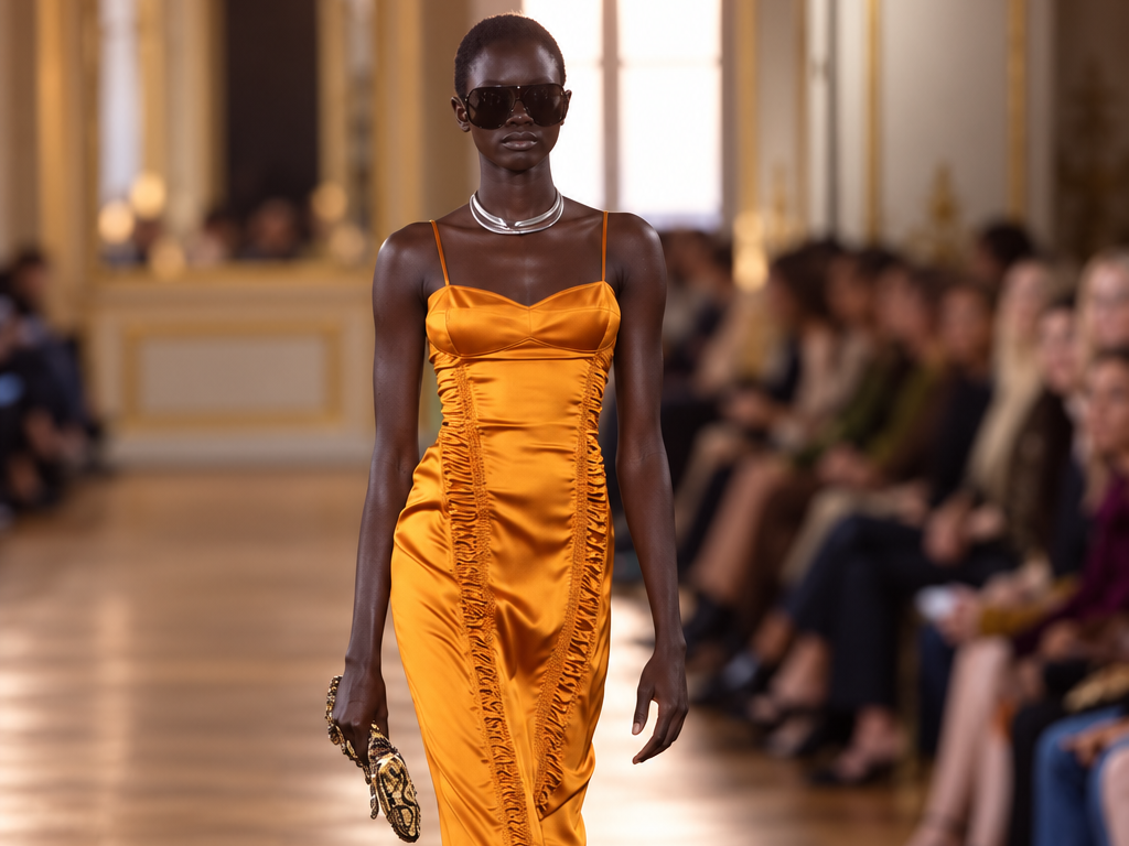 Silhouette du défilé Balmain printemps-été 2027 à la Paris Fashion Week, dans une robe satinée orange portée avec des lunettes noires.