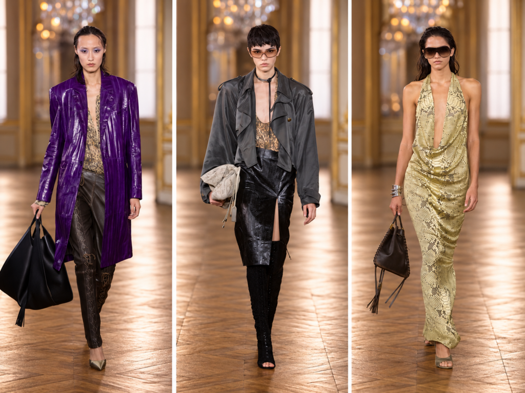 Trois silhouettes du défilé Balmain printemps-été 2027 à la Paris Fashion Week, avec manteau violet, cuir noir et robe effet python.