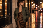 Femme portant un blouson bomber MA-1 vert olive sur une robe fluide bronze, dans une rue éclairée de nuit.