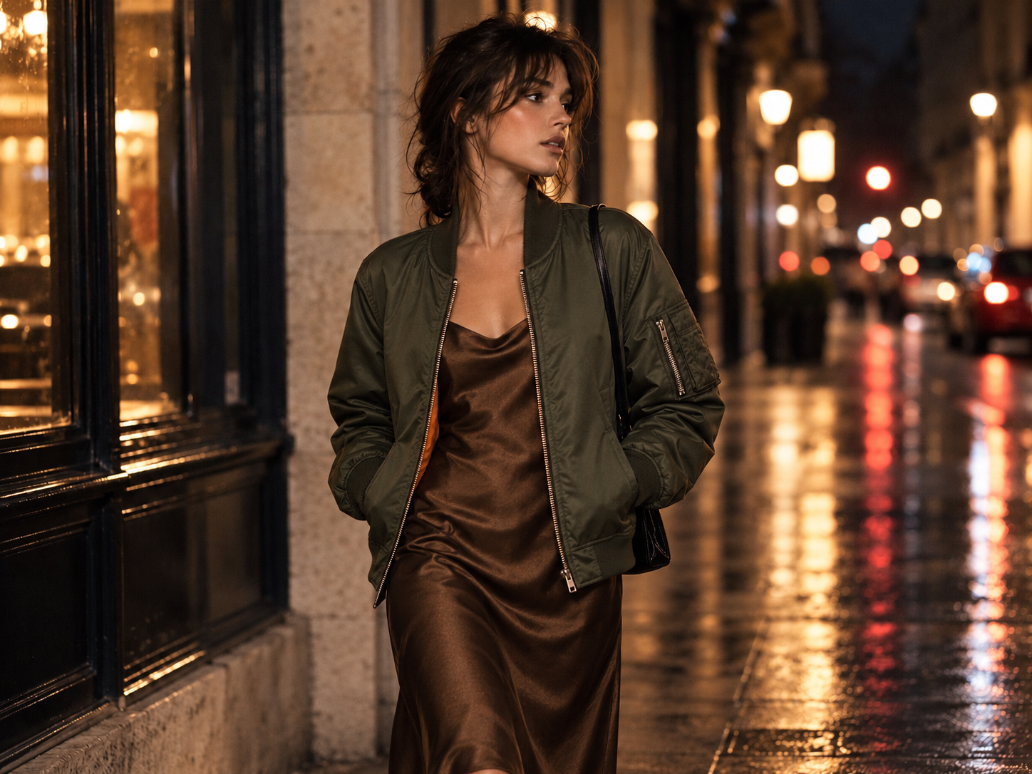 Femme portant un blouson bomber MA-1 vert olive sur une robe fluide bronze, dans une rue éclairée de nuit.