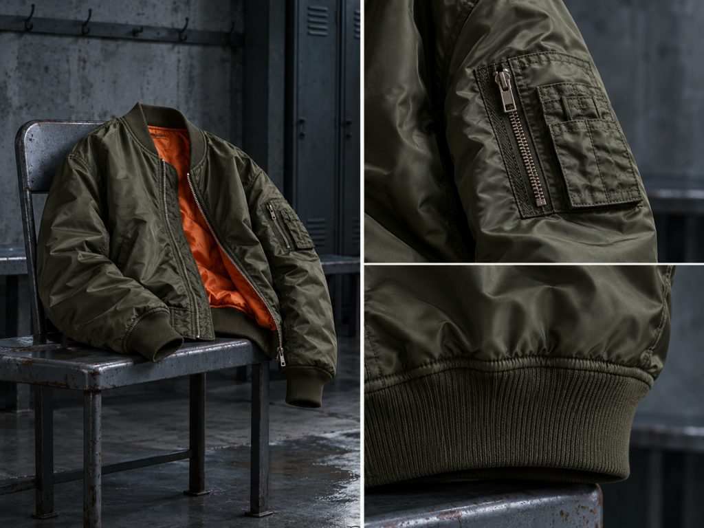Montage de trois vues d’un blouson bomber MA-1 vert militaire : doublure orange, poche zippée sur la manche et ceinture côtelée.