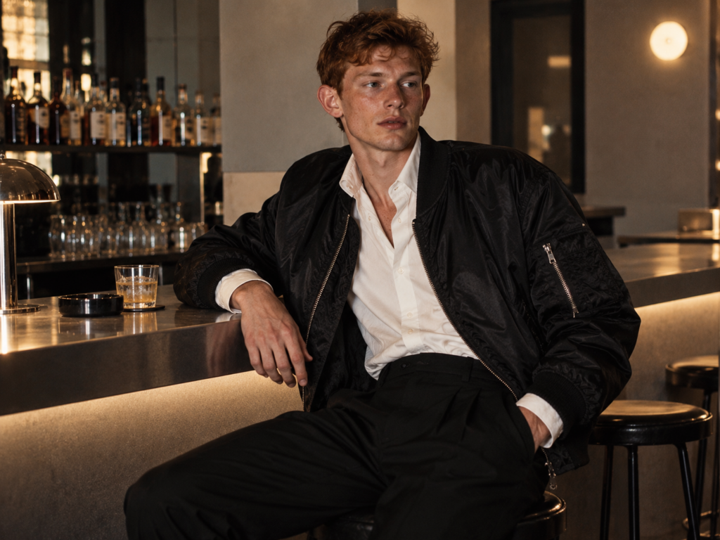 Jeune homme roux aux taches de rousseur portant un blouson bomber noir, une chemise blanche et un pantalon à pinces noir dans un bar moderne.