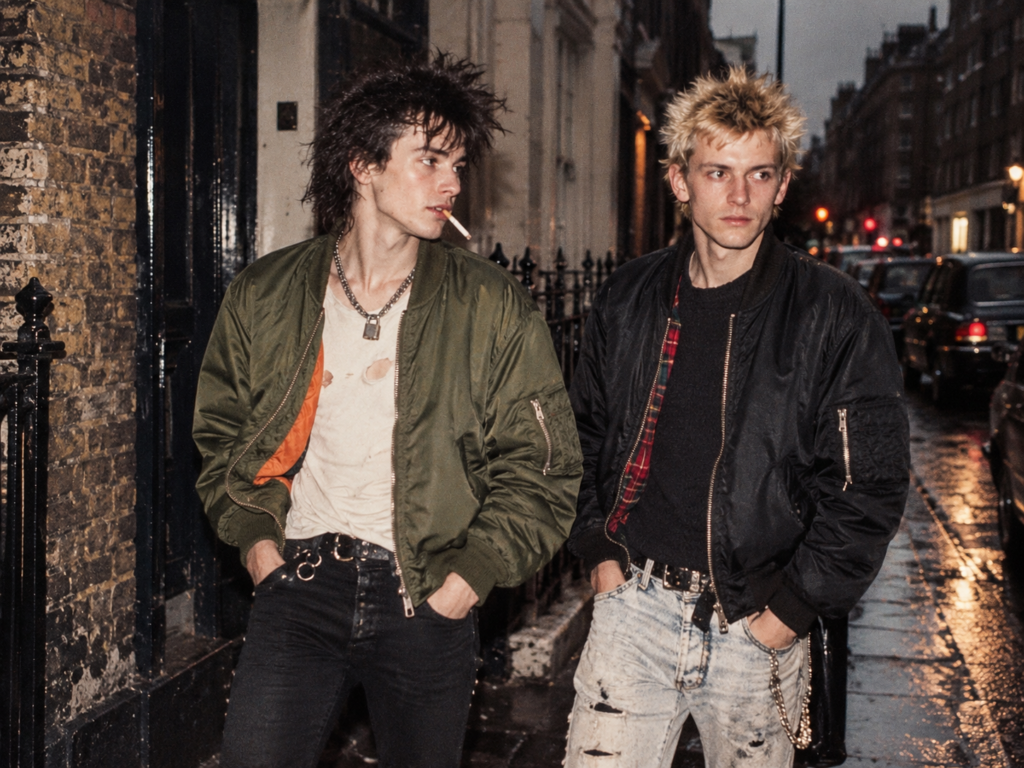 Deux jeunes punks portent des blousons bomber MA-1 vert olive et noir dans une rue londonienne, ambiance années 1980.