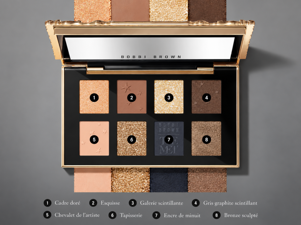 Palette Bobbi Brown x The Met ouverte, présentant huit fards à paupières mats et scintillants dans un boîtier doré sur fond gris.