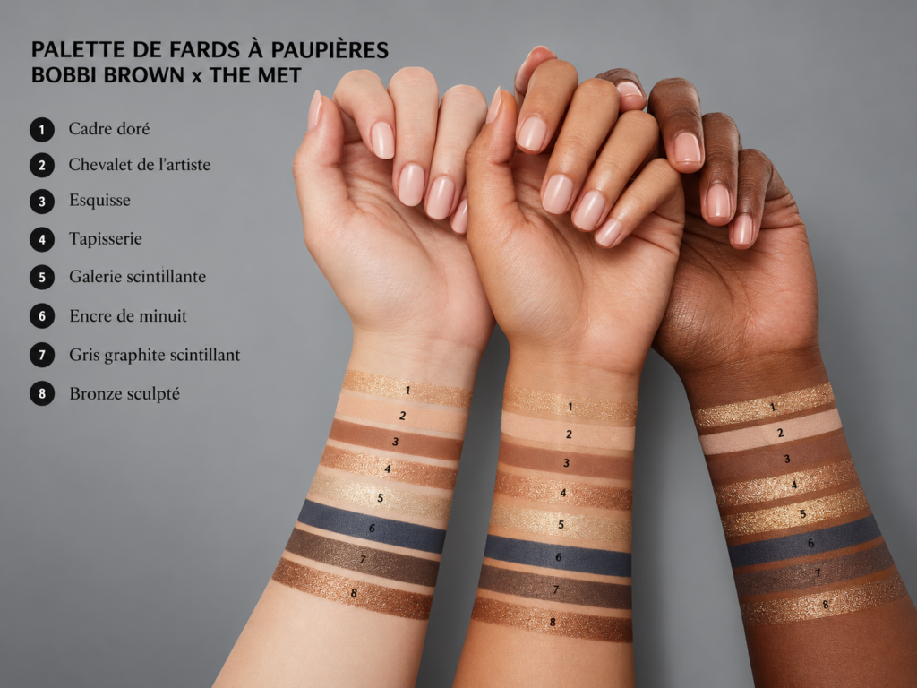 Nuancier des huit fards de la palette Bobbi Brown x The Met appliqués sur trois avant-bras de carnations différentes, avec les noms des teintes en français.