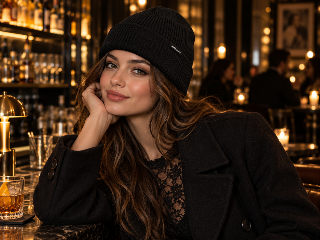 Jeune femme portant un bonnet Carhartt WIP noir, un caban noir et un haut en dentelle noire, assise au comptoir d'un bar élégant.