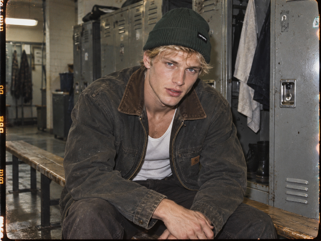 Jeune homme blond portant un bonnet Carhartt WIP vert foncé, une veste de travail et un débardeur blanc dans un vestiaire d'usine.