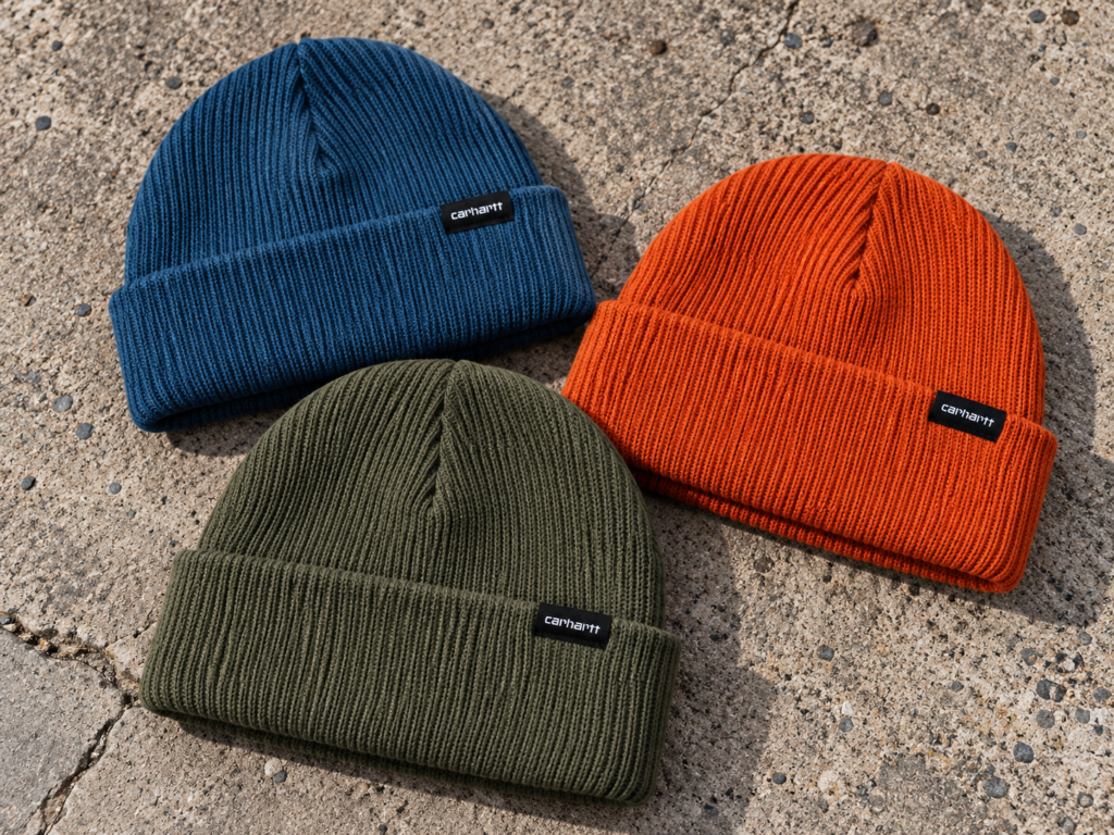 Trois bonnets Carhartt WIP Acrylic Watch Hat bleu, orange et kaki, en maille côtelée avec revers et étiquette, posés sur du béton brut.