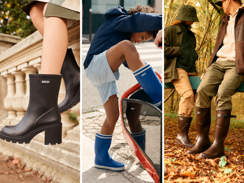 Triptyque de bottes Aigle en caoutchouc : bottines noires à talons pour femme, bottes de pluie bleues pour enfant et bottes marron pour adulte en forêt.