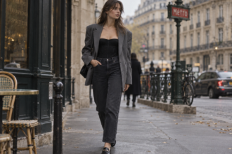 Femme portant un bustier noir, un blazer gris oversize, un jean foncé et des mocassins dans une rue parisienne.
