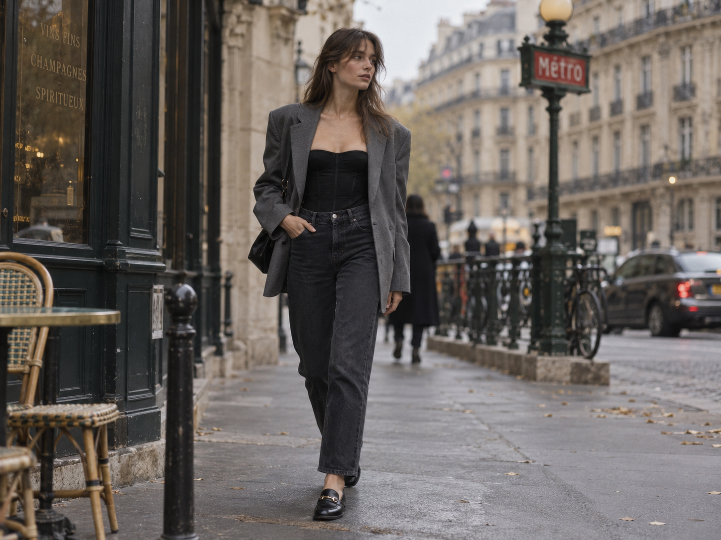 Femme portant un bustier noir, un blazer gris oversize, un jean foncé et des mocassins dans une rue parisienne.