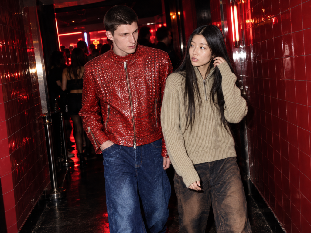 Deux mannequins portent des tenues CamperLab dans un couloir de club : veste rouge texturée, jean ample, pull beige et pantalon délavé.