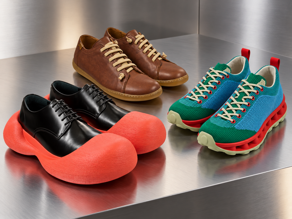 Trois modèles de chaussures Camper : derbies noirs à semelles rouges surdimensionnées, chaussures en cuir marron et sneakers multicolores, sur métal anodisé.