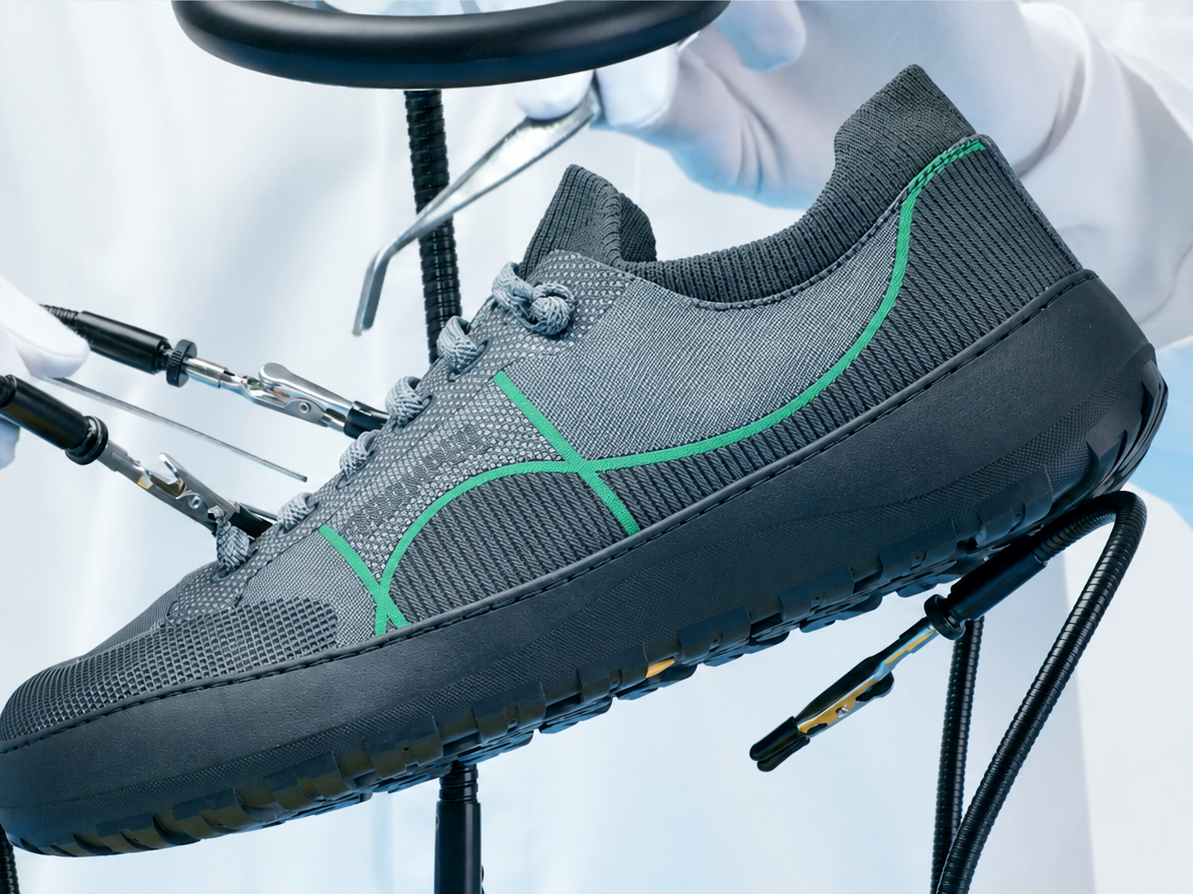 Chaussure Camper Peu Serra grise avec détails verts et semelle noire, présentée dans un décor de laboratoire avec des instruments de précision.