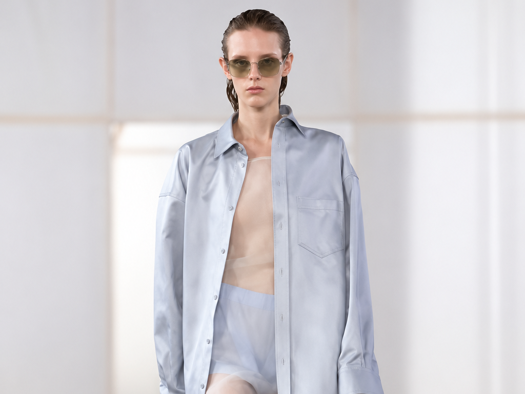 Silhouette Carven printemps-été 2027 à la Paris Fashion Week, avec chemise bleu clair oversize, pantalon transparent et lunettes de soleil.
