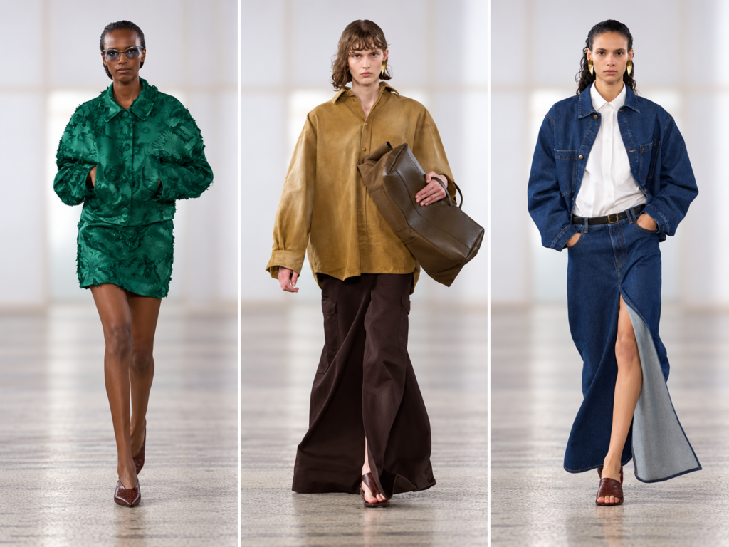 Triptyque du défilé Carven printemps-été 2027 à la Paris Fashion Week, avec trois silhouettes en vert, brun et denim bleu.