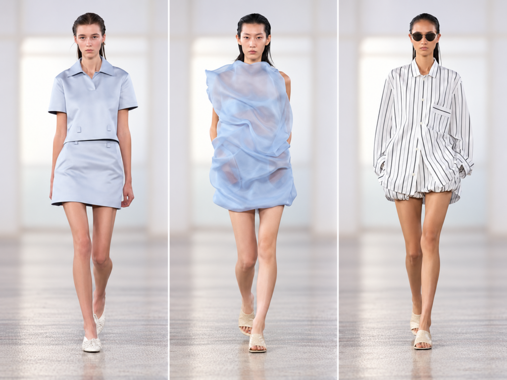Triptyque du défilé Carven printemps-été 2027 à la Paris Fashion Week, avec trois silhouettes féminines dans des tons bleu pâle et blanc.
