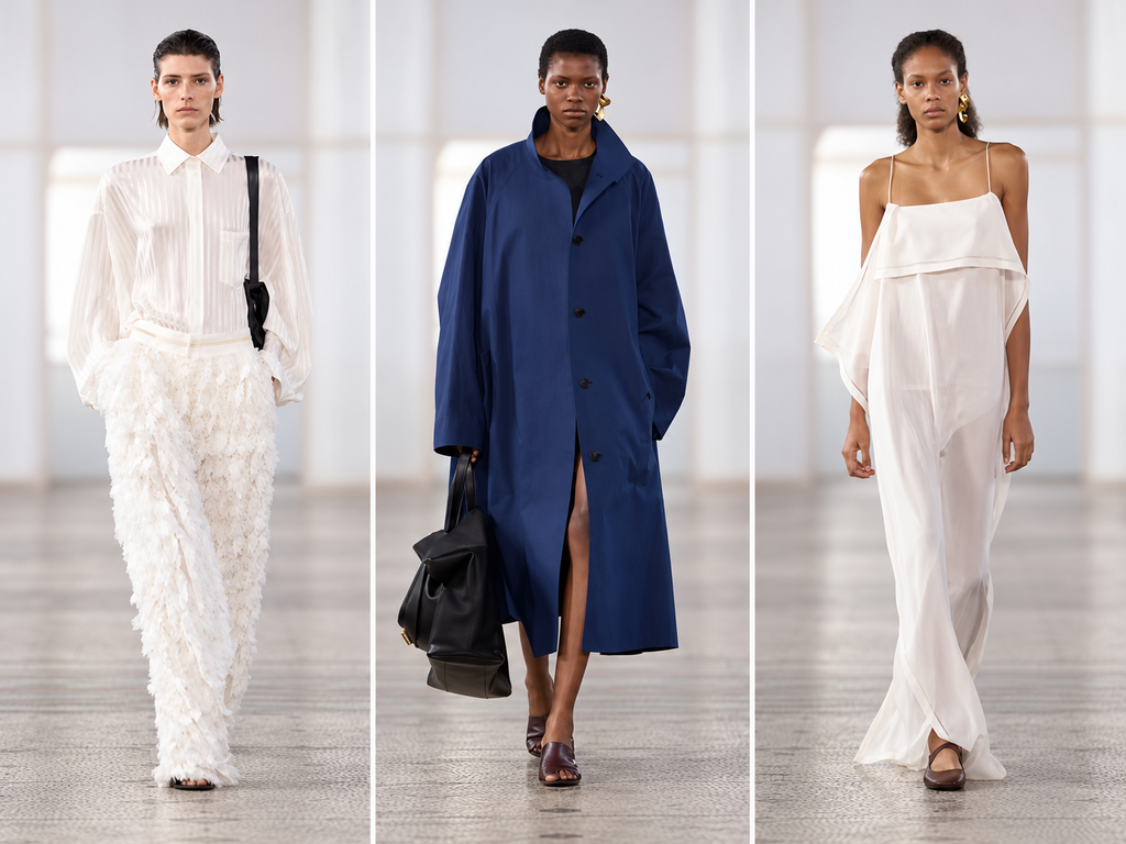 Triptyque du défilé Carven printemps-été 2027 à la Paris Fashion Week, avec trois silhouettes en vert, brun et denim bleu.