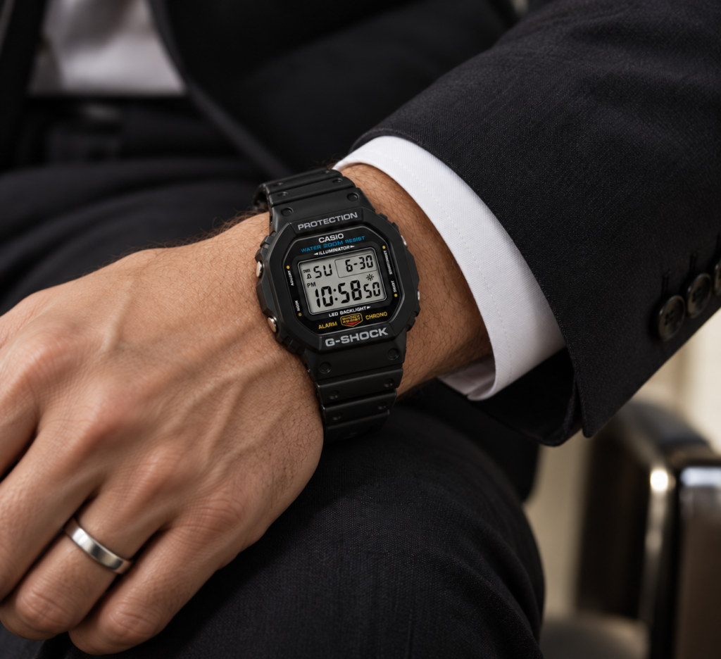 Casio G-Shock DW-5600UE-1 noire portée au poignet d’un homme en costume noir, avec chemise blanche et alliance en platine.