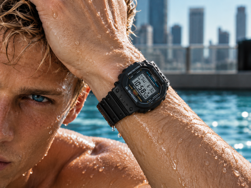 Casio G-Shock DW-5600UE-1 noire au poignet d’un jeune homme blond aux cheveux mouillés, devant une piscine urbaine.