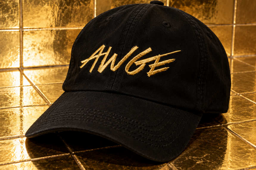 Casquette noire AWGE avec logo brodé en doré, posée sur un carrelage doré brillant.